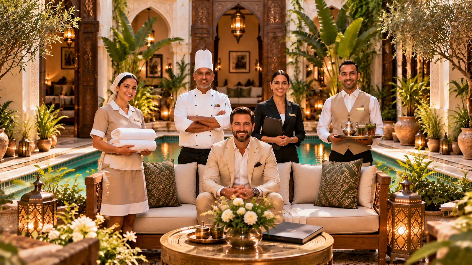 Équipe assurant la gestion hôtelière d’un riad à Marrakech