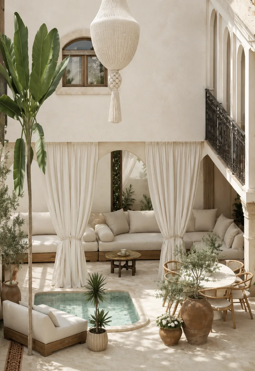 Patio et salon d’un riad rénové à Marrakech