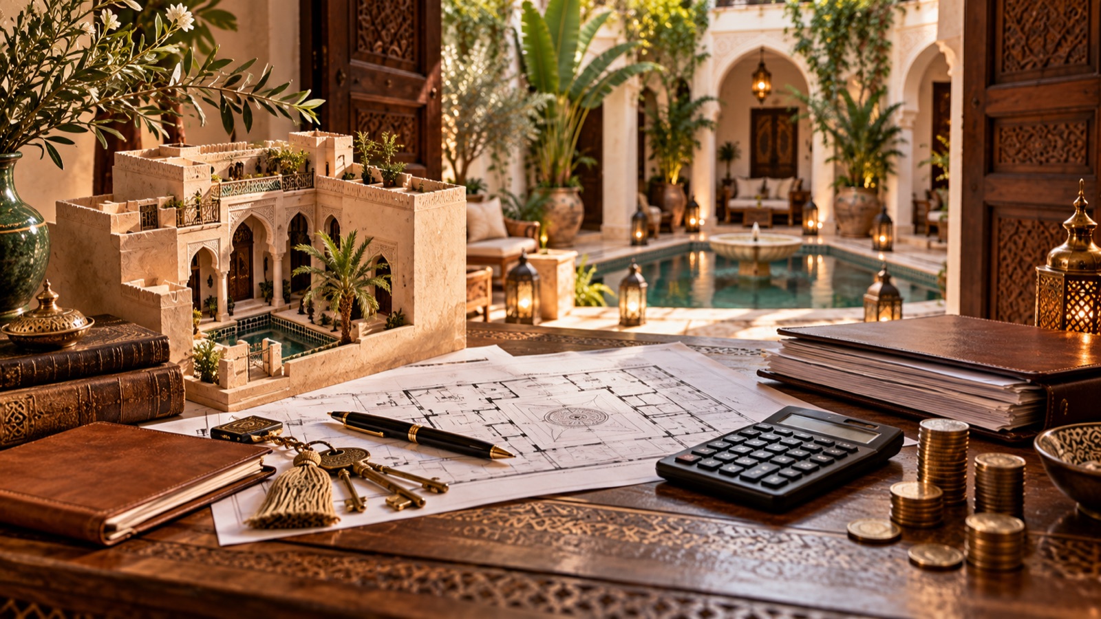 Plans, calculatrice et maquette préparant le budget d’achat d’un riad à Marrakech