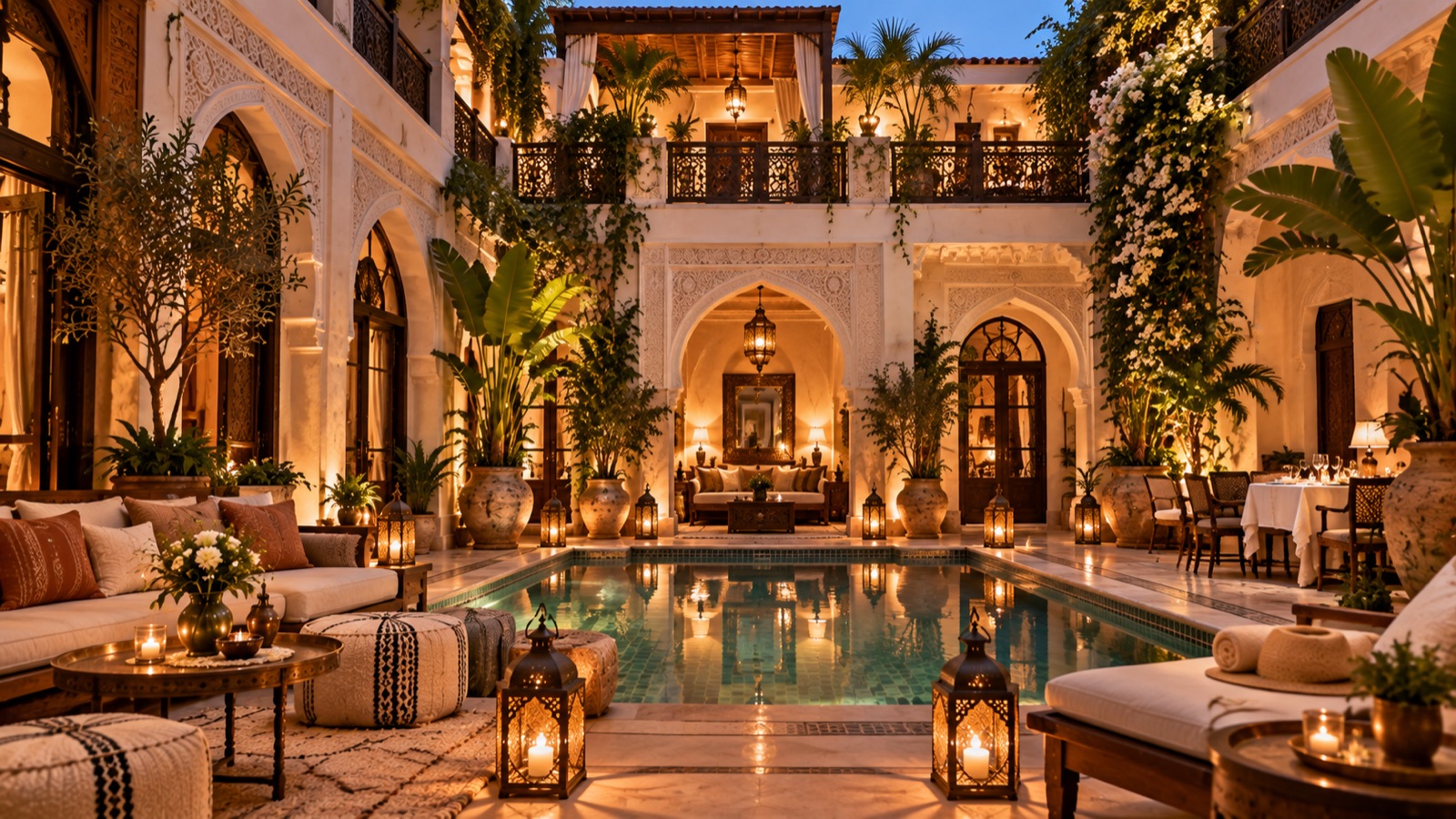 Patio avec piscine du boutique-hôtel Kasbah Nelaria à Marrakech