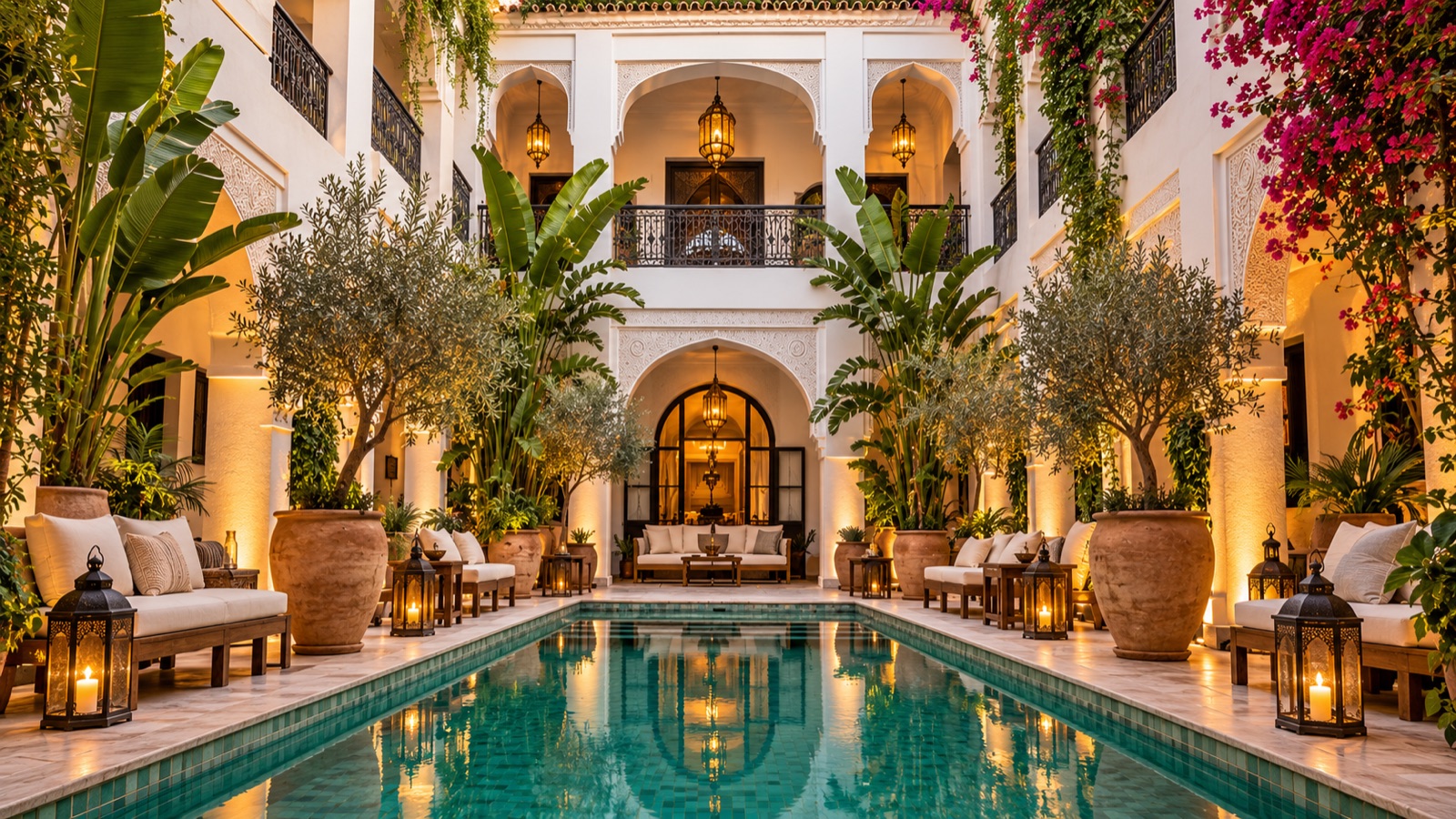 Patio avec piscine d’un riad haut de gamme à Marrakech
