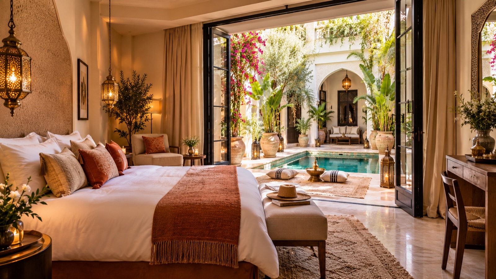 Suite donnant sur le patio d’un riad à Marrakech