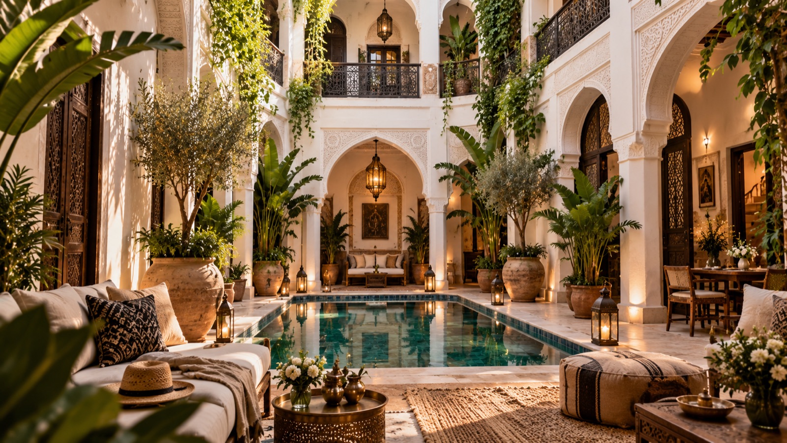 Patio rénové d’un riad haut de gamme à Marrakech