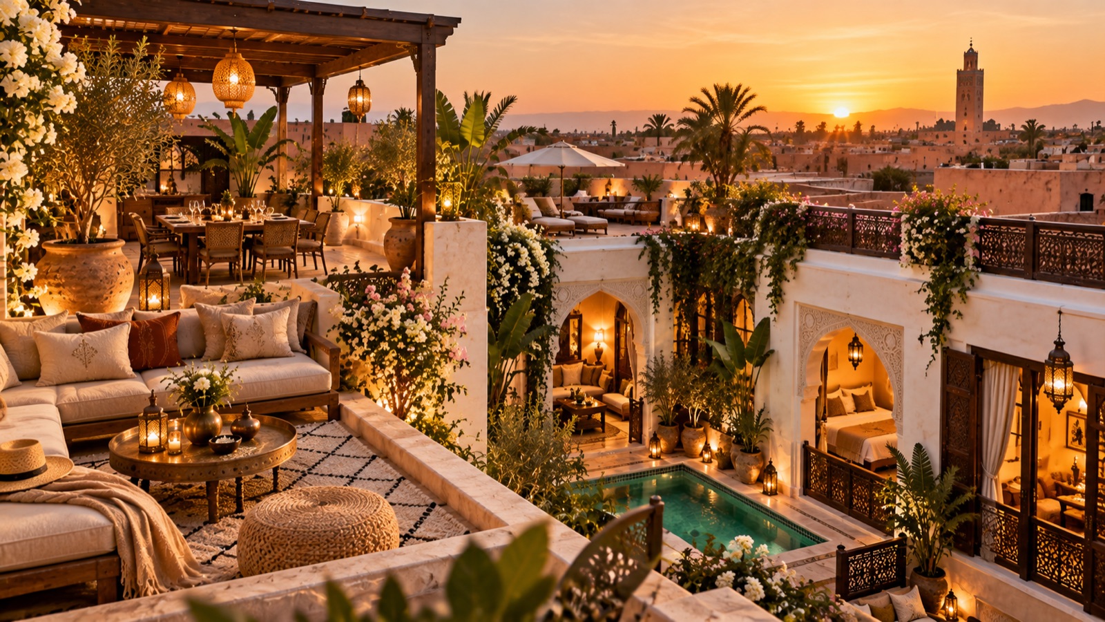 Rooftop de Kasbah Nelaria face à Marrakech au coucher du soleil