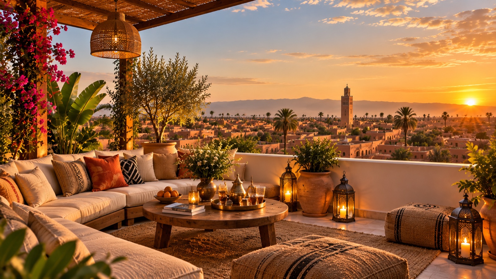 Rooftop d’un riad à Marrakech au coucher du soleil