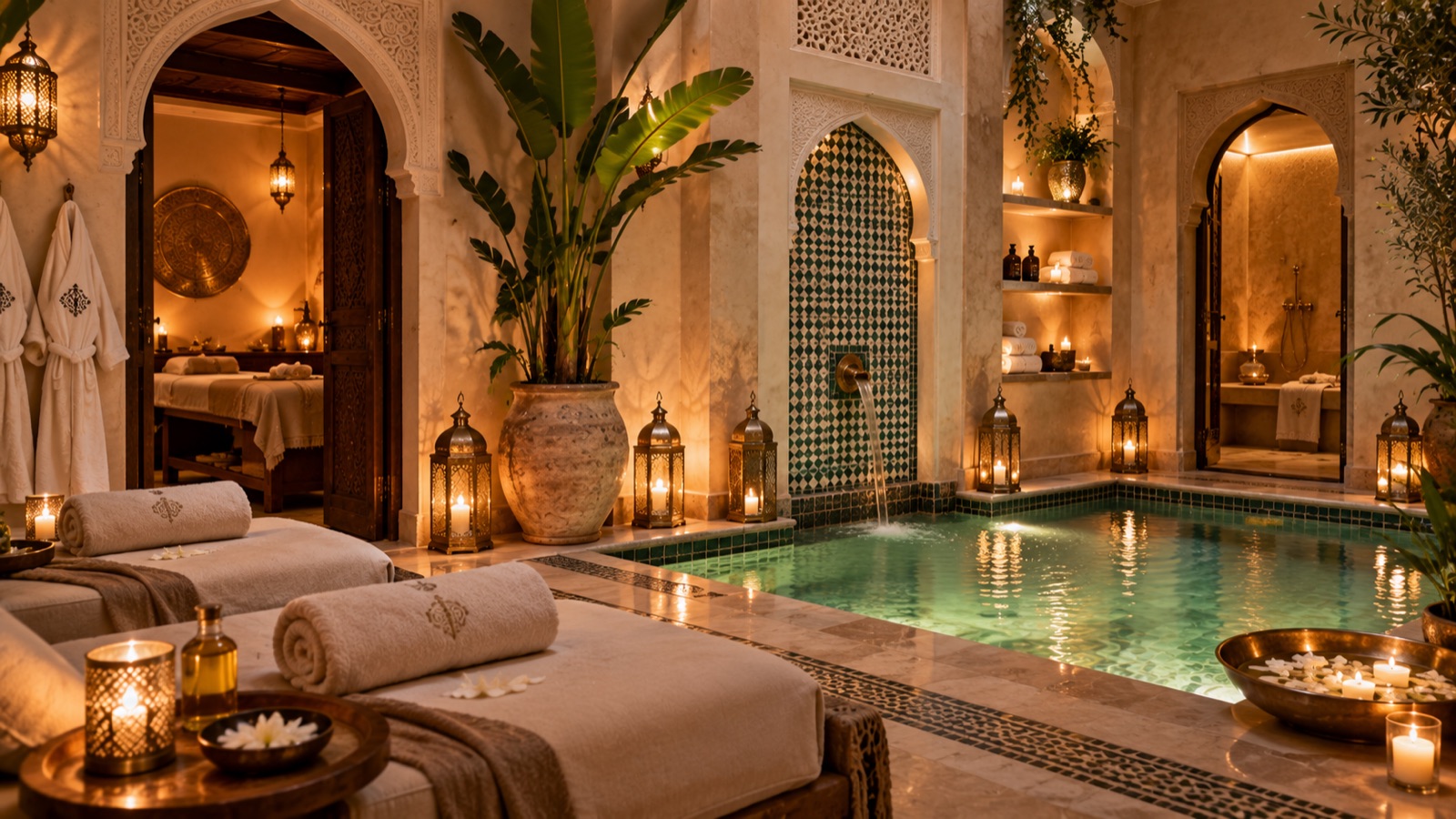 Spa et bassin d’un riad destiné à l’exploitation hôtelière à Marrakech